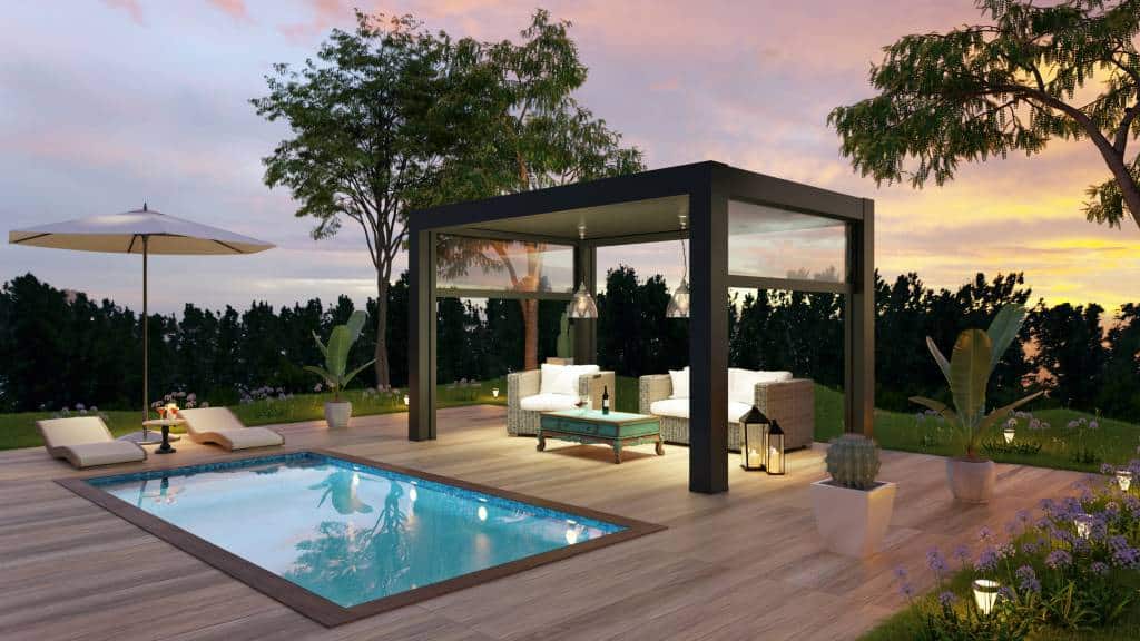 une terrasse en bois autour d'une piscine