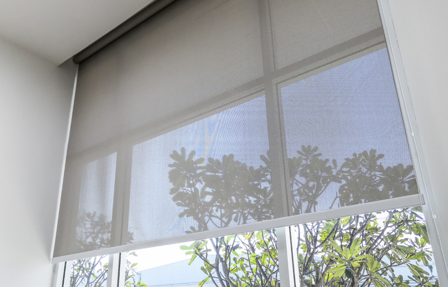 Un store enrouleur est install&eacute; sur une fenetre empechant le soleil de p&eacute;n&eacute;trer &agrave; l'int&eacute;rieur de la pi&egrave;ce. 